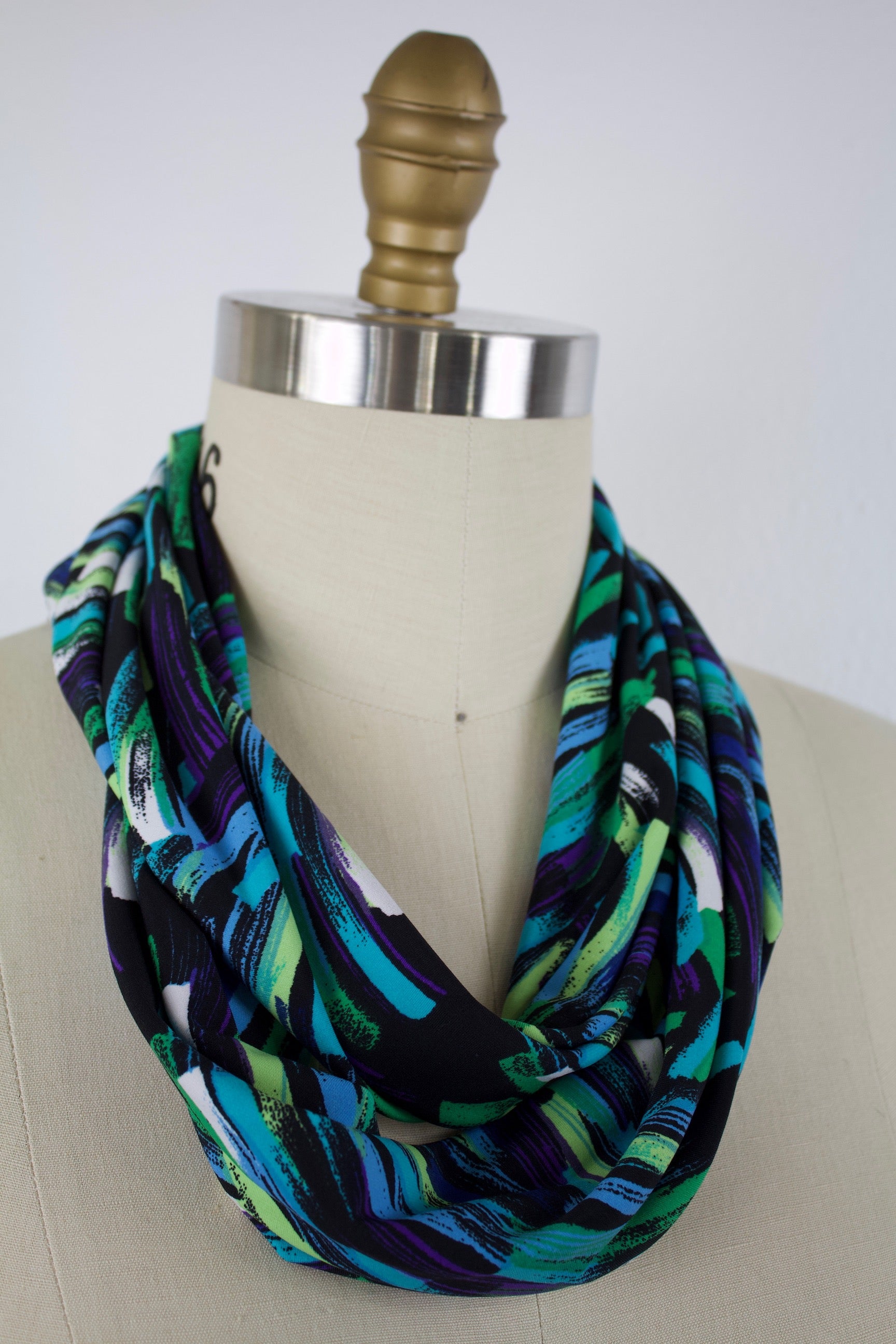 Jersey Infinity Scarf-The Blue Peony-Category_Infinity Scarf,Color_Black,Color_Blue,Color_Teal,Department_Personal Accessory,Material_Polyester,Pattern_Graphic