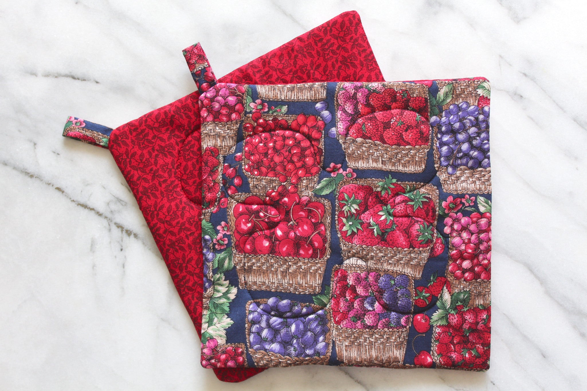 Just Picked Potholder-The Blue Peony-Category_Pot Holder,Color_Blue,Color_Raspberry,Color_Red,Department_Kitchen,Size_Traditional (Square),Theme_Food