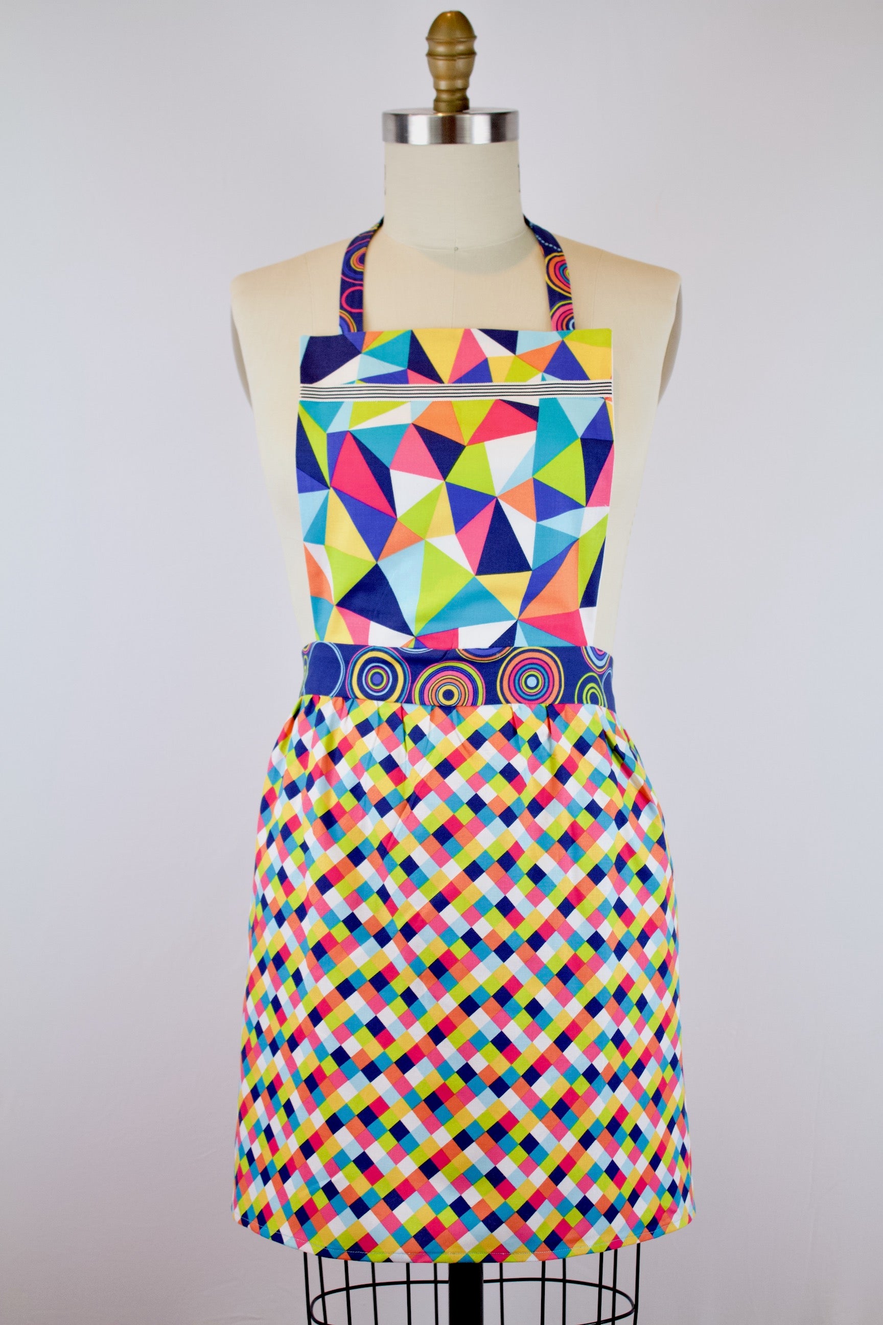 Kaleidoscope Vintage Style Apron-The Blue Peony-Age Group_Adult,Apron Style_Vintage Feminine,Category_Apron,Color_Aqua,Color_Blue,Color_Lime Green,Color_Pink,Color_Teal,Department_Kitchen,Material_Cotton,Pattern_Graphic