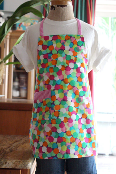 Confetti Kid's Apron-The Blue Peony-Age Group_Kids,Category_Apron,Color_Aqua,Color_Pink,Department_Kitchen,Gender_Girls,Material_Cotton,Pattern_Polka Dot,Size_Medium (ages 6-11),Size_Small (ages up to 5),Theme_Spring