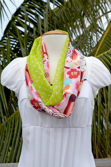 Lush Infinity Scarf-The Blue Peony-Category_Infinity Scarf,Color_Lime Green,Color_Pink,Color_Red,Department_Personal Accessory,Material_Polyester,Pattern_Floral,Pattern_Polka Dot