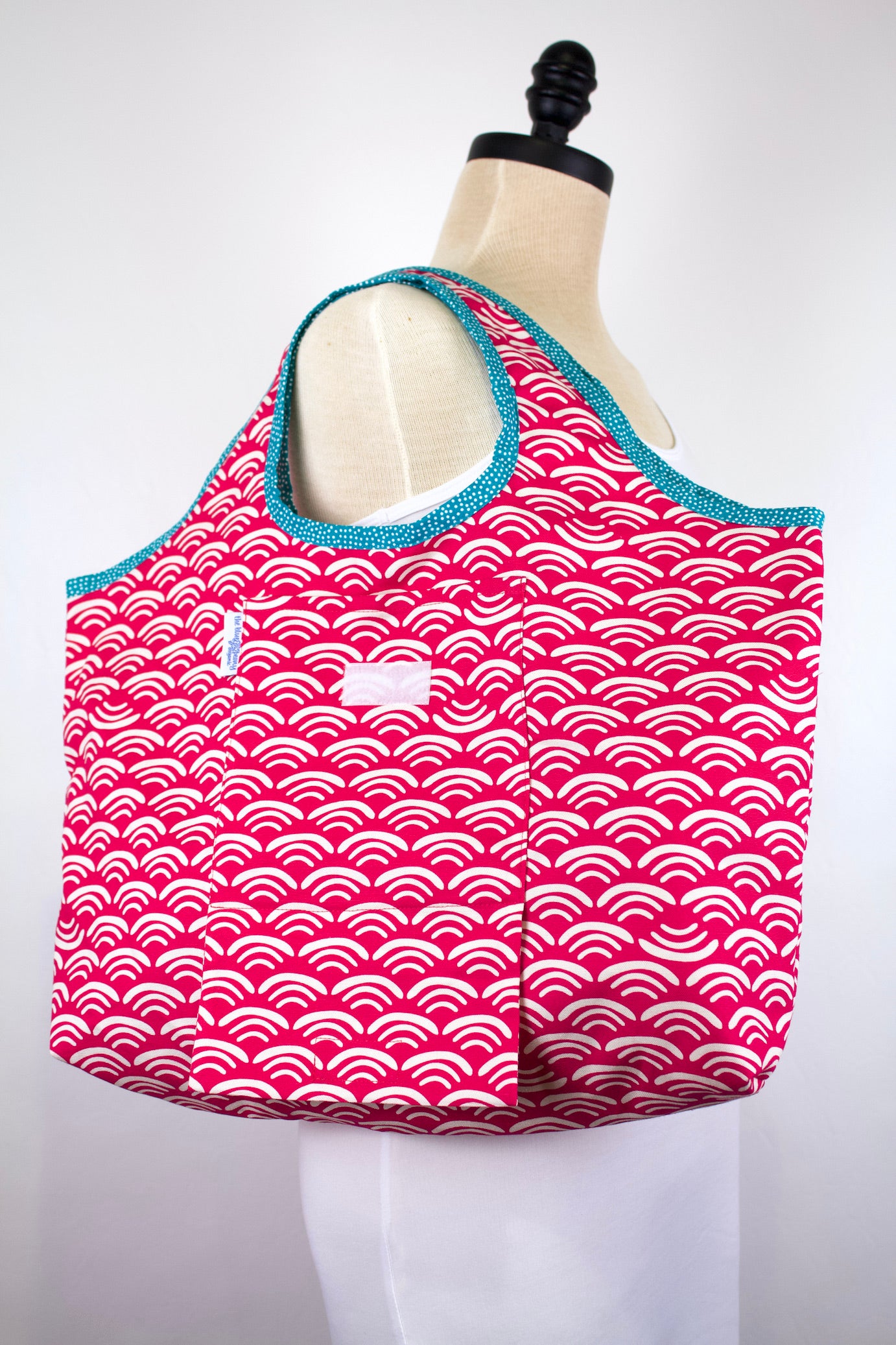 Koi Folding Shopping Tote in Organic Cotton-The Blue Peony-Category_Foldable Bag,Color_Pink,Department_Personal Accessory,Material_Organic Cotton Canvas