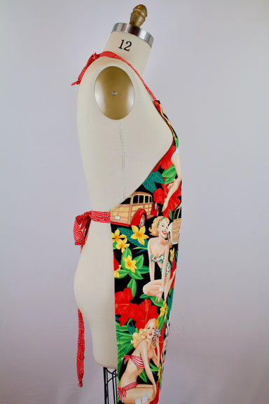 Mahalo Tropical Pin Ups Apron-The Blue Peony-Age Group_Adult,Apron Style_Chef,Category_Apron,Color_Black,Color_Red,Department_Kitchen,Material_Cotton,Pattern_Floral,Theme_Hunks,Theme_Summer,Theme_Transportation,Theme_Tropical