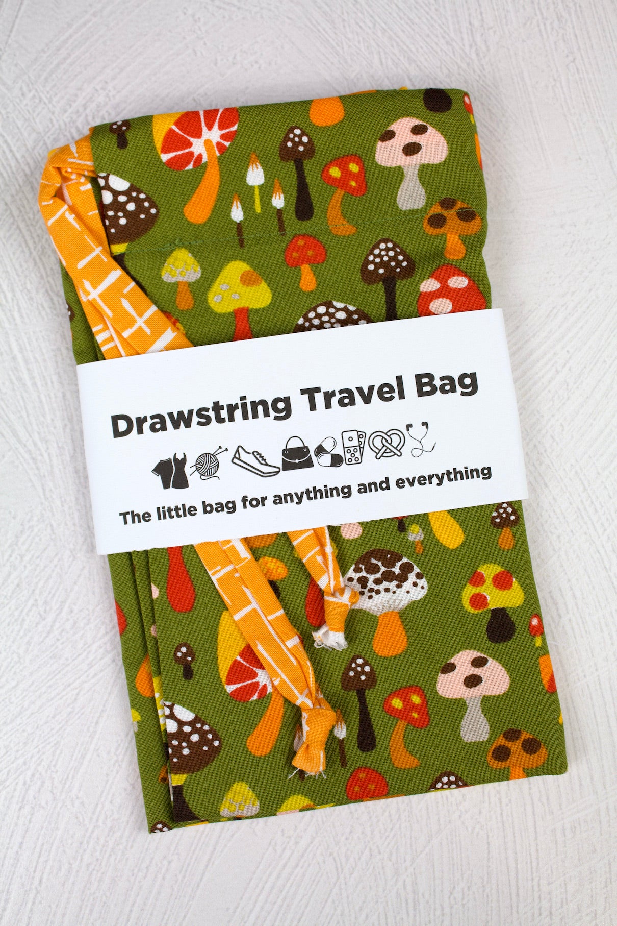 Mellow Mushroom Drawstring Travel Bag-The Blue Peony-Category_Drawstring Bag,Color_Green,Color_Orange,Department_Personal Accessory,Theme_Fall,Theme_Thanksgiving,Theme_Woodland