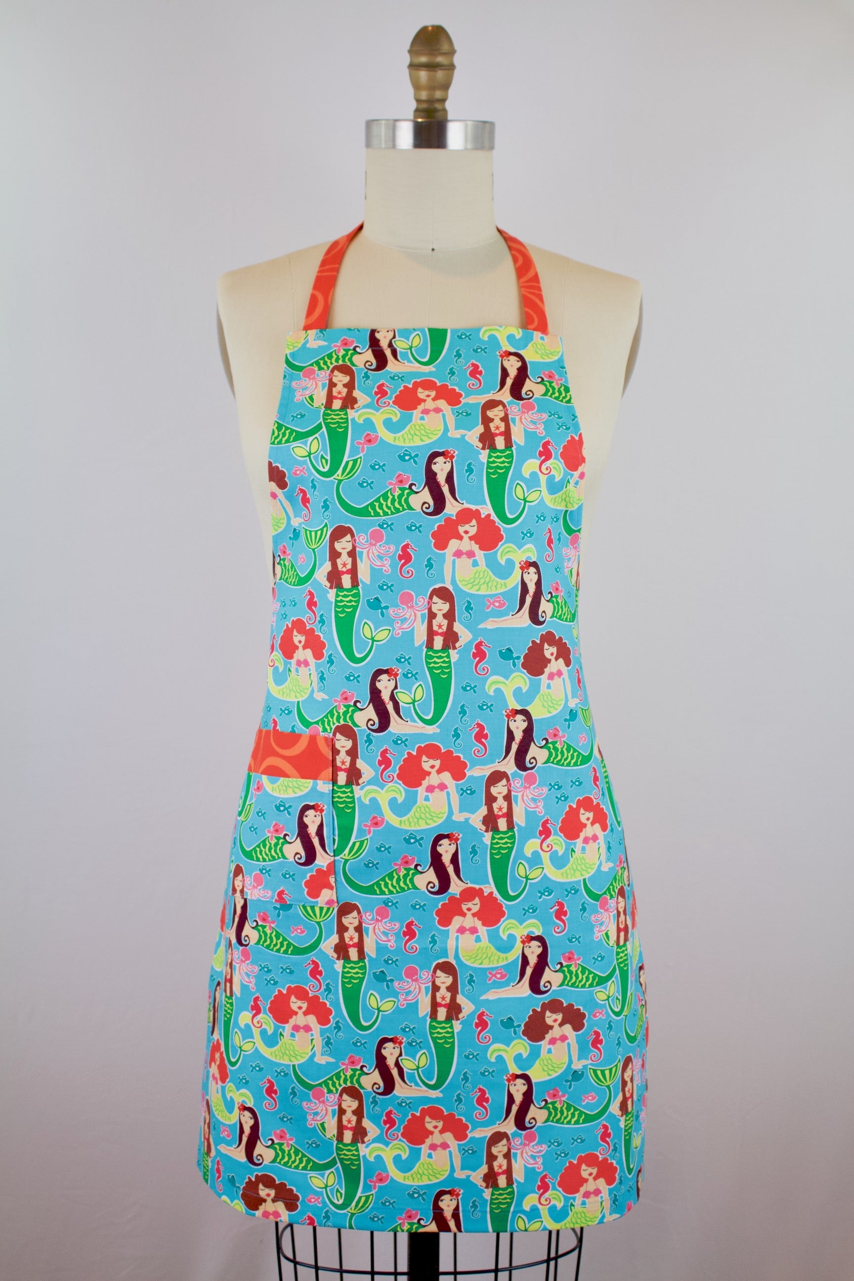 Mermaid Friends Apron-The Blue Peony-Age Group_Adult,Animal_Mermaid,Apron Style_Chef,Category_Apron,Color_Teal,Department_Kitchen,Material_Cotton,Theme_Water Life
