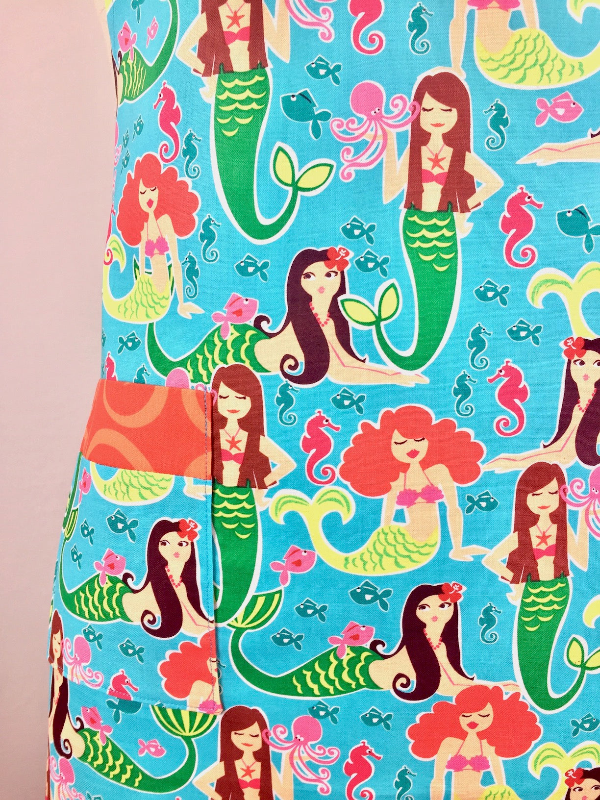 Mermaid Friends Apron-The Blue Peony-Age Group_Adult,Animal_Mermaid,Apron Style_Chef,Category_Apron,Color_Teal,Department_Kitchen,Material_Cotton,Theme_Water Life