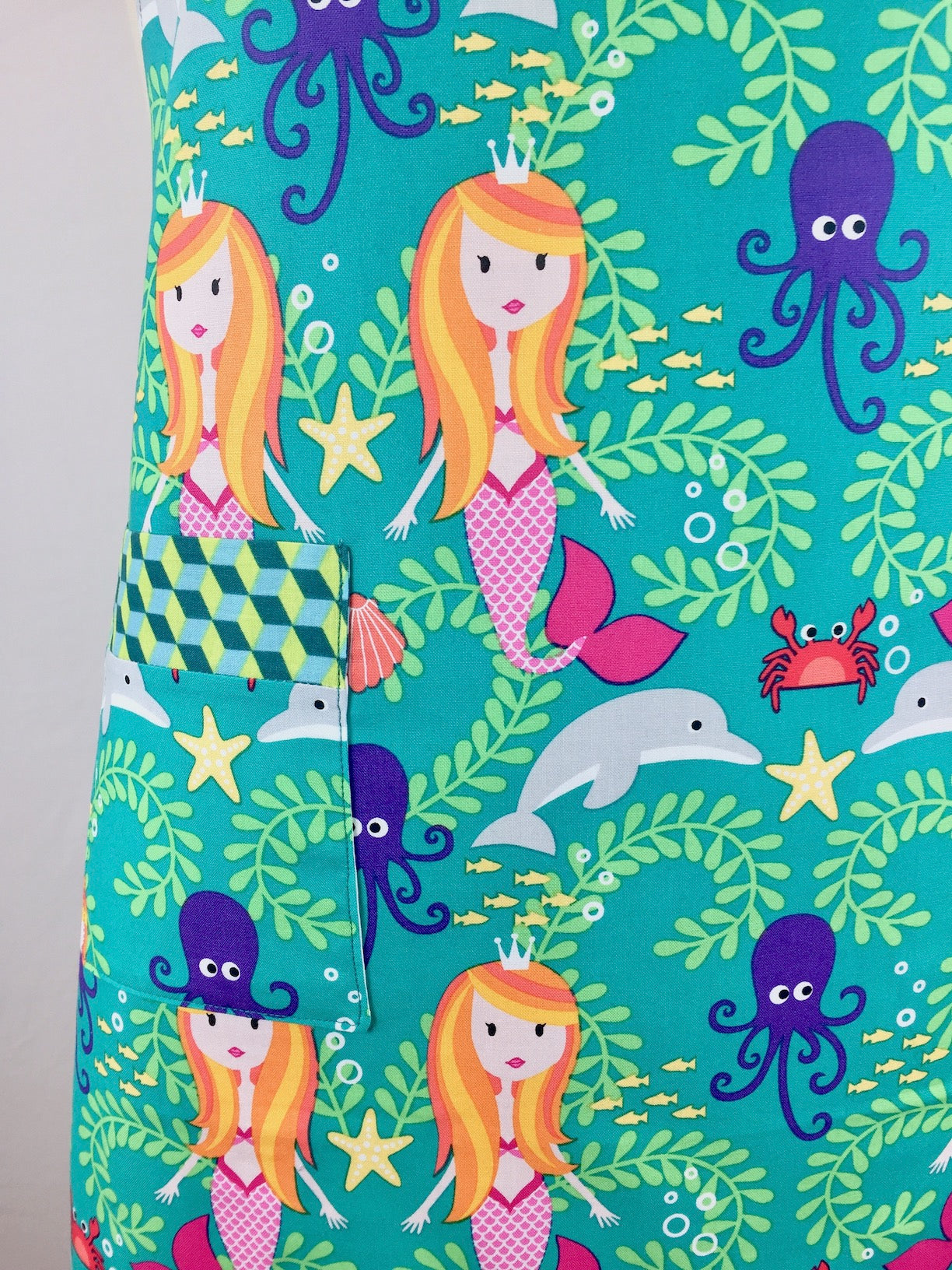 Mermaid Lagoon Apron-The Blue Peony-Age Group_Adult,Animal_Mermaid,Apron Style_Chef,Category_Apron,Color_Teal,Department_Kitchen,Material_Cotton,Theme_Water Life