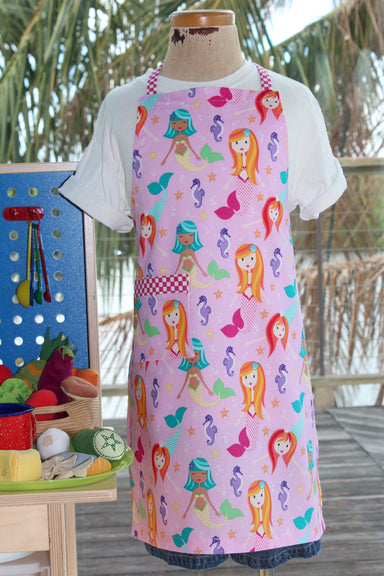 Mermaid Play Kid's Apron-The Blue Peony-Age Group_Kids,Animal_Mermaid,Category_Apron,Color_Pink,Department_Kitchen,Gender_Girls,Material_Cotton,Size_Medium (ages 6-11),Size_Small (ages up to 5),Theme_Water Life