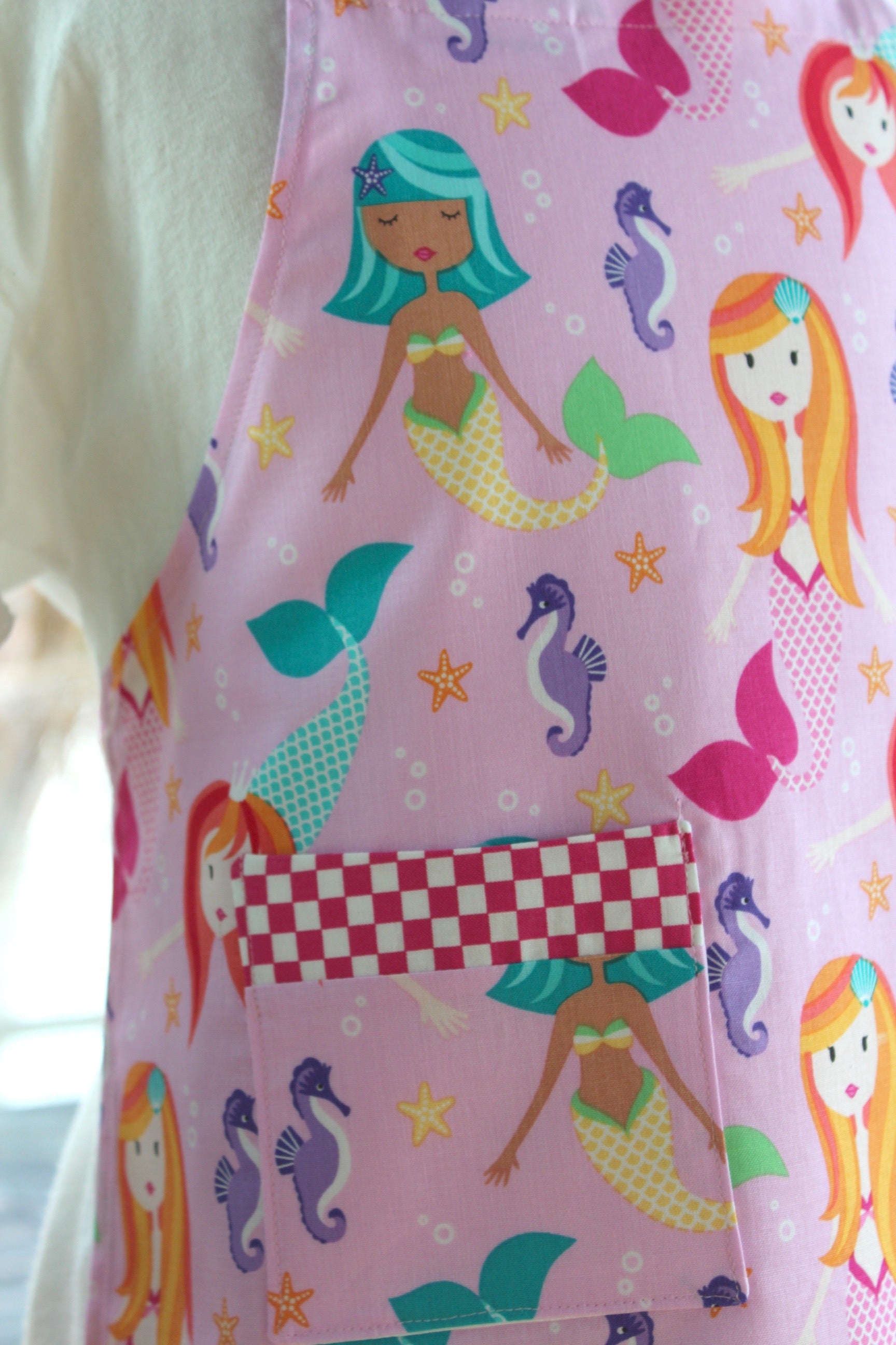 Mermaid Play Kid's Apron-The Blue Peony-Age Group_Kids,Animal_Mermaid,Category_Apron,Color_Pink,Department_Kitchen,Gender_Girls,Material_Cotton,Size_Medium (ages 6-11),Size_Small (ages up to 5),Theme_Water Life