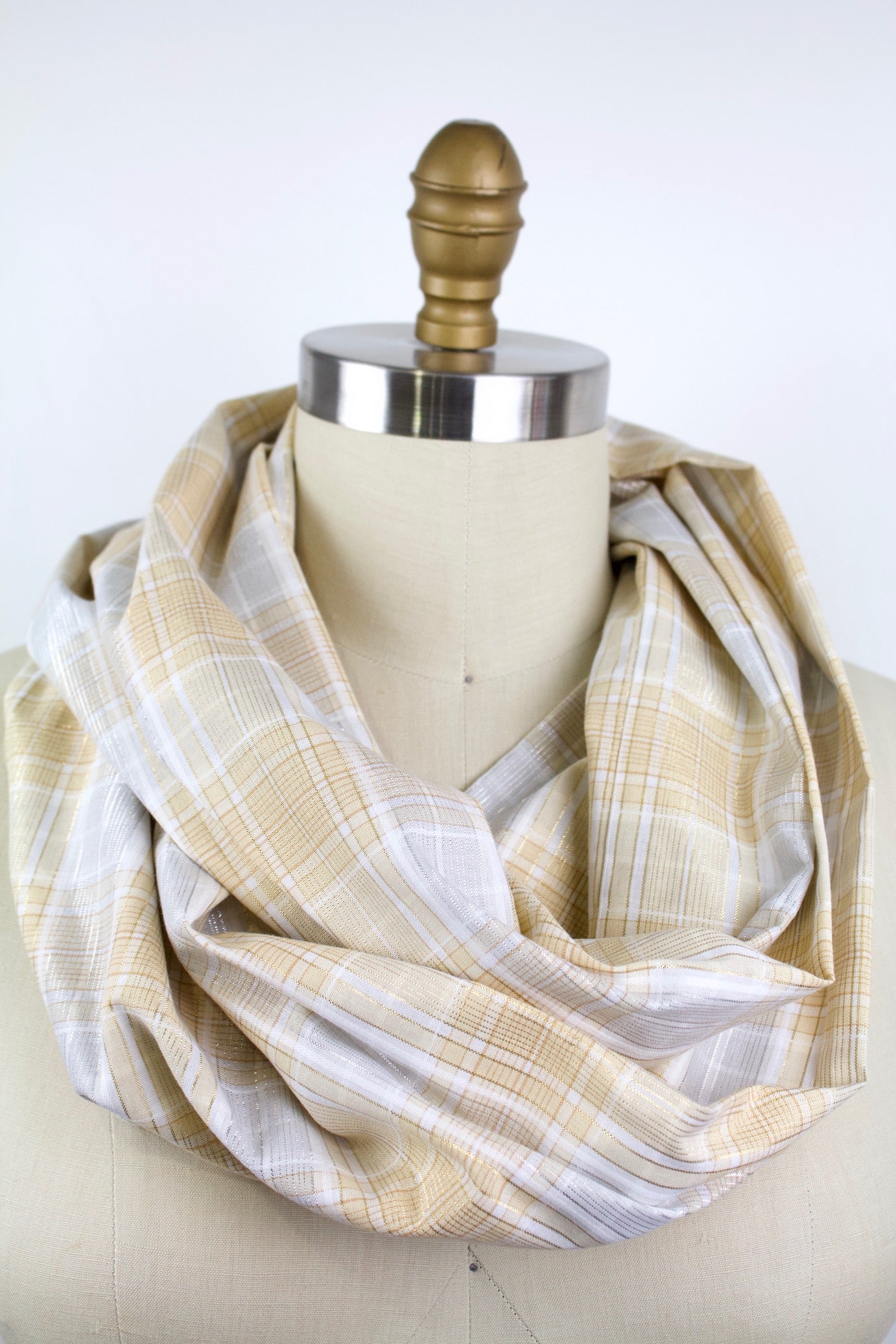 Metallic Plaid Infinity Scarf-The Blue Peony-Category_Infinity Scarf,Color_Cream,Color_Gold,Department_Personal Accessory,Material_Cotton,Pattern_Plaid