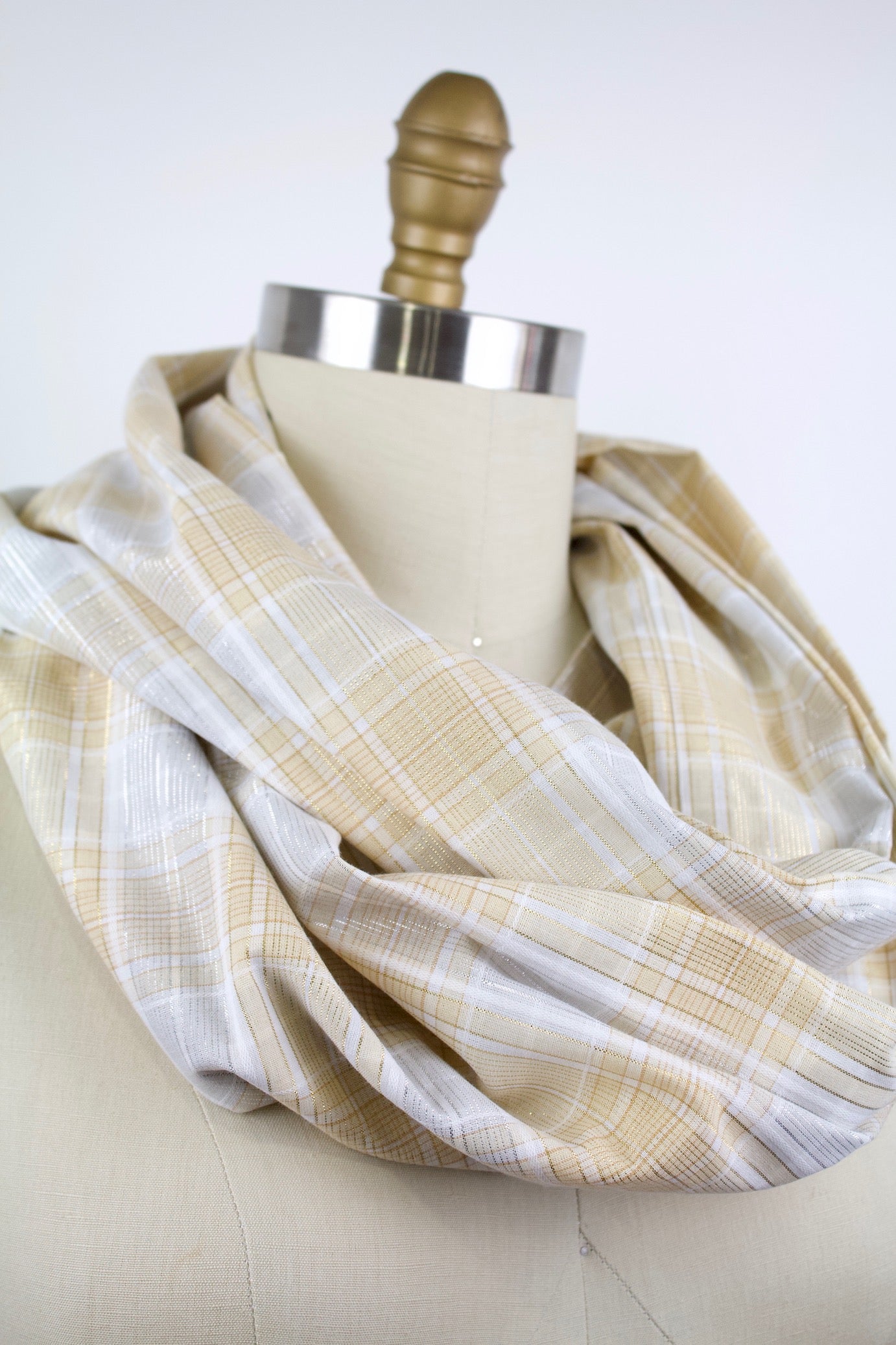 Metallic Plaid Infinity Scarf-The Blue Peony-Category_Infinity Scarf,Color_Cream,Color_Gold,Department_Personal Accessory,Material_Cotton,Pattern_Plaid