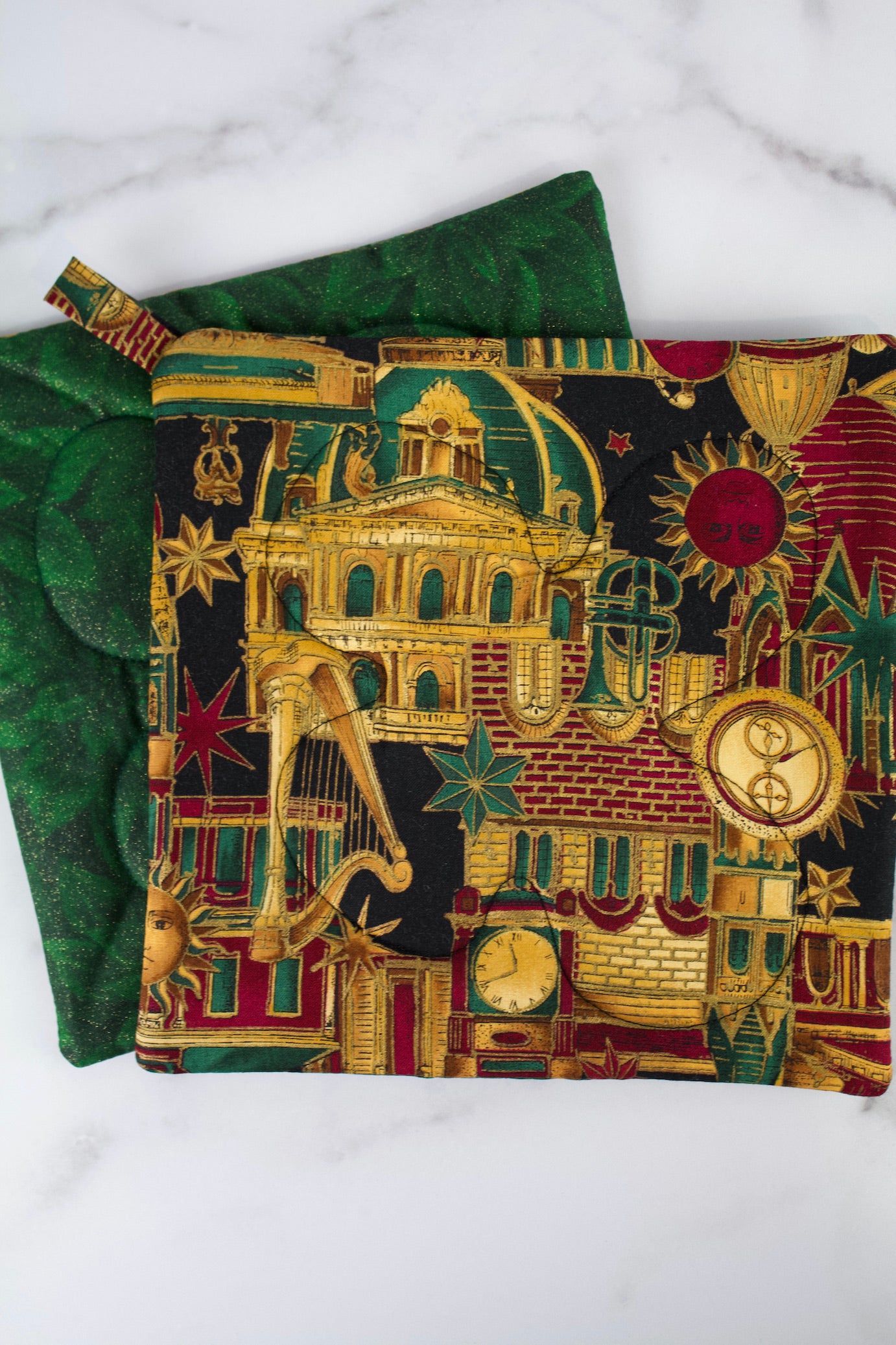 Old World Potholder-The Blue Peony-Category_Pot Holder,Color_Black,Color_Cream,Color_Gold,Color_Green,Color_Maroon,Department_Kitchen,Size_Traditional (Square)