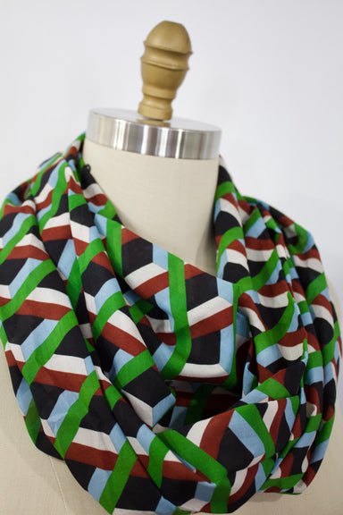 Optical Crew Infinity Scarf-The Blue Peony-Category_Infinity Scarf,Color_Black,Color_Brown,Color_Cream,Color_Green,Department_Personal Accessory,Material_Cotton,Pattern_Graphic