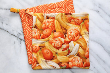 Oranges and Bananas Potholder-The Blue Peony-Category_Pot Holder,Color_Orange,Department_Kitchen,Size_Traditional (Square),Theme_Food