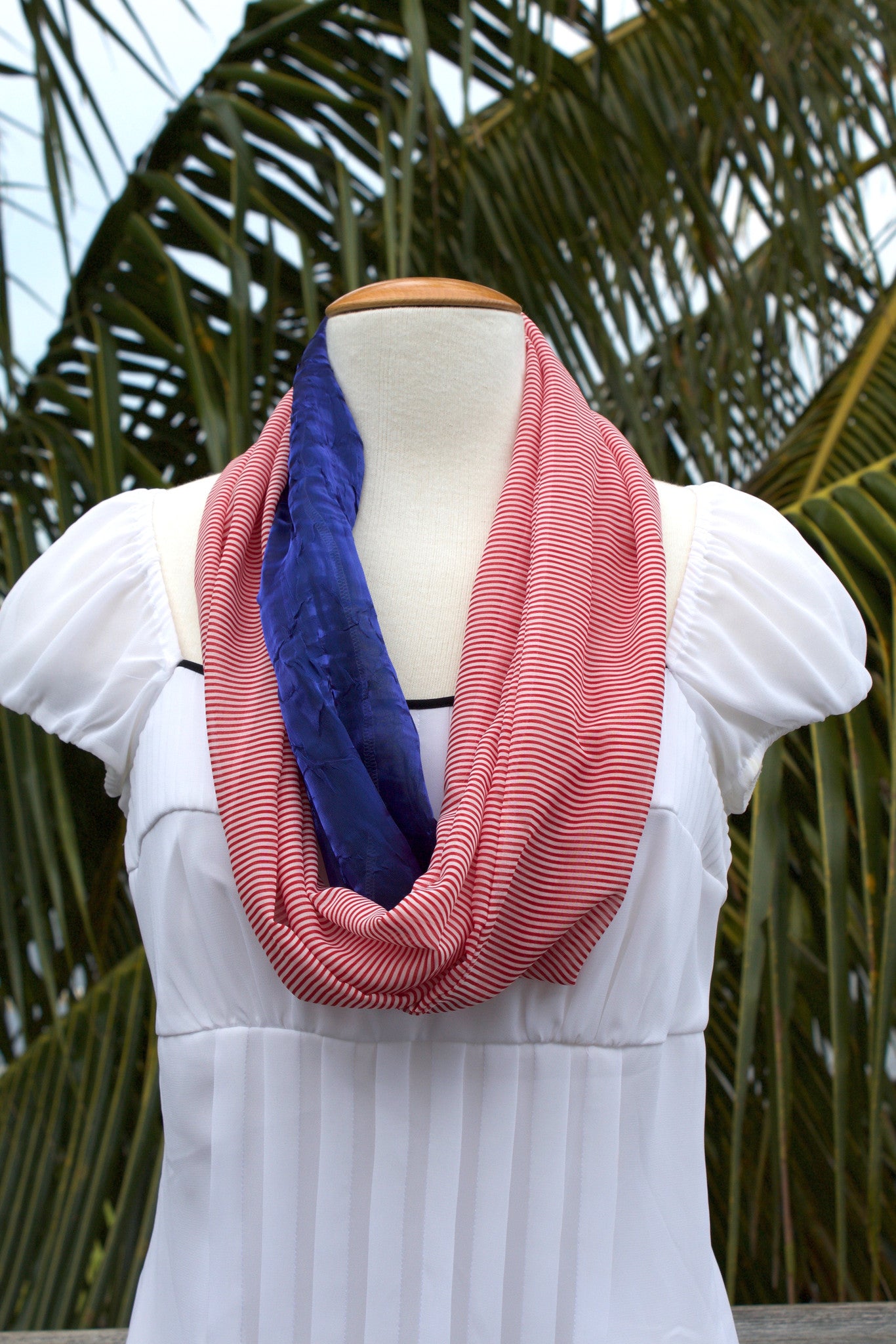 Glory Infinity Scarf-The Blue Peony-Category_Infinity Scarf,Color_Blue,Color_Red,Department_Personal Accessory,Material_Polyester,Pattern_Stripes