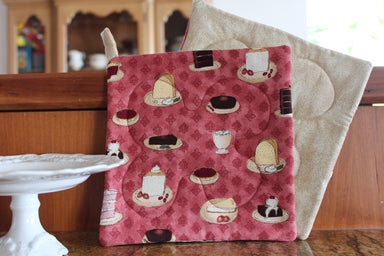 Petite Sweets Potholder-The Blue Peony-Category_Pot Holder,Color_Cream,Color_Maroon,Department_Kitchen,Size_Traditional (Square),Theme_Food