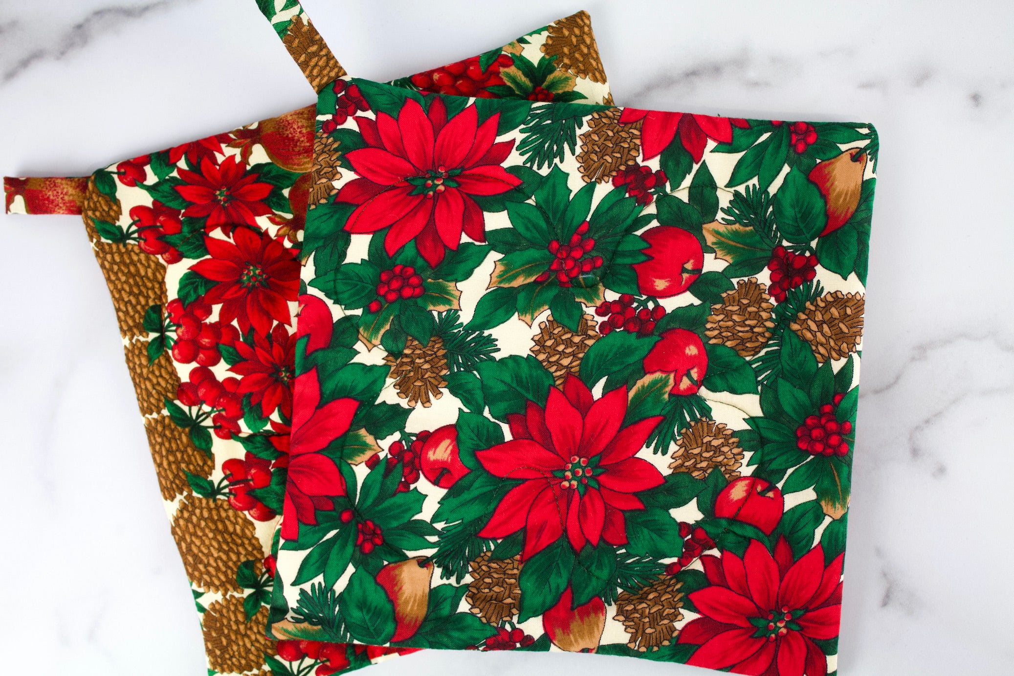 Pinecones and Poinsettias Potholder-The Blue Peony-Category_Pot Holder,Color_Cream,Color_Green,Color_Red,Department_Kitchen,Pattern_Floral,Size_Traditional (Square),Theme_Christmas,Theme_Winter,Theme_Woodland
