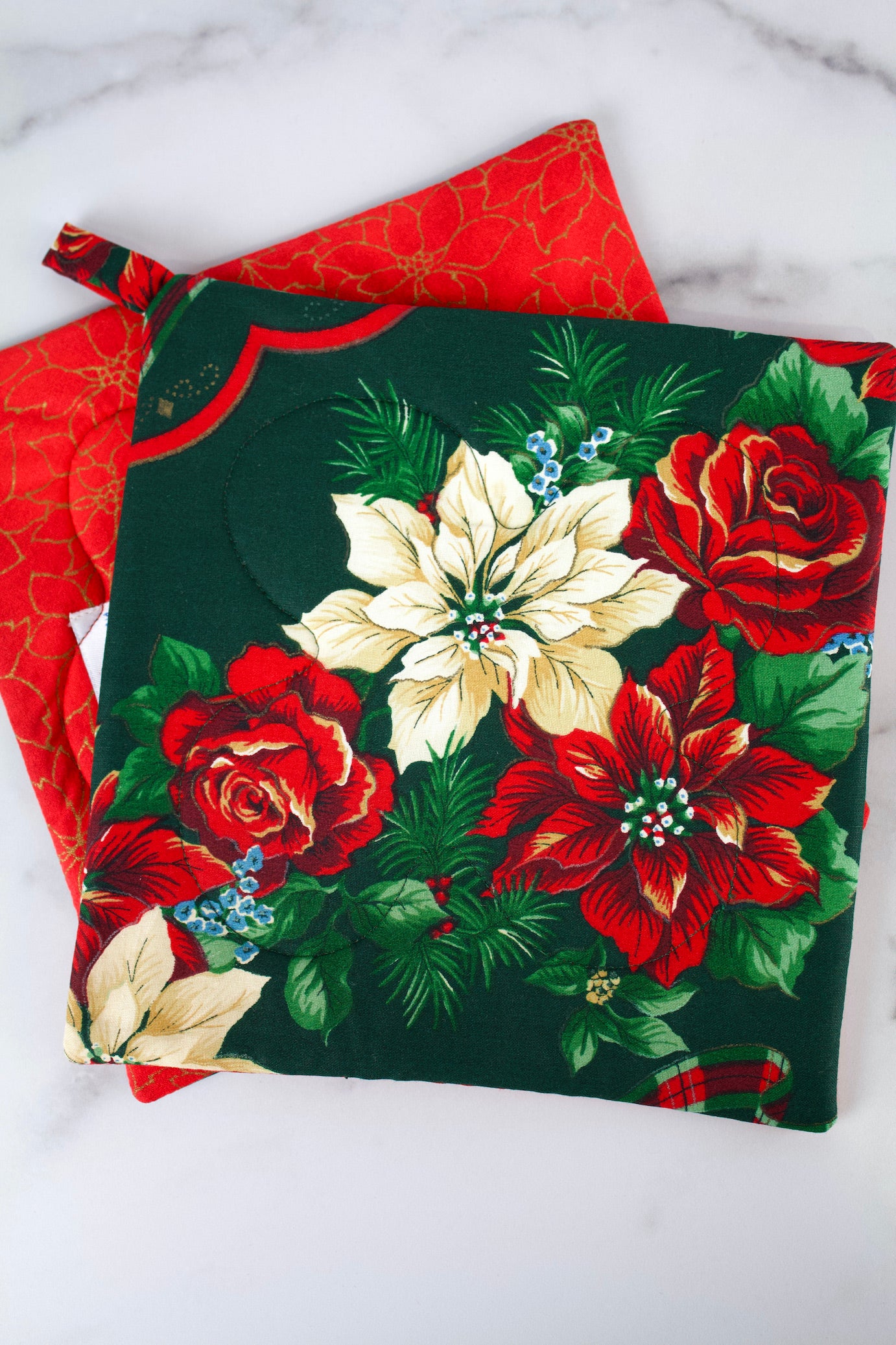 Poinsettia and Rose Potholder-The Blue Peony-Category_Pot Holder,Color_Green,Color_Maroon,Color_Red,Department_Kitchen,Pattern_Floral,Size_Traditional (Square),Theme_Christmas,Theme_Winter