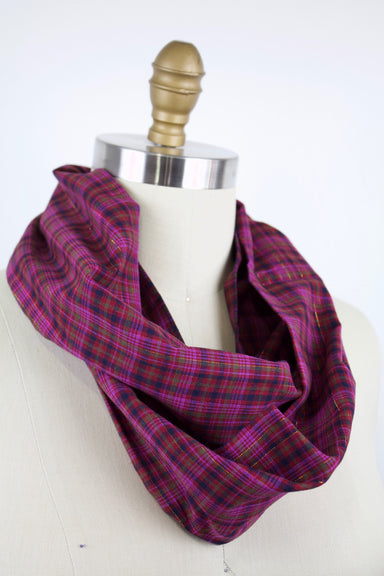 Raspberry Glint Infinity Scarf-The Blue Peony-Category_Infinity Scarf,Color_Maroon,Color_Raspberry,Department_Personal Accessory,Material_Cotton,Pattern_Plaid