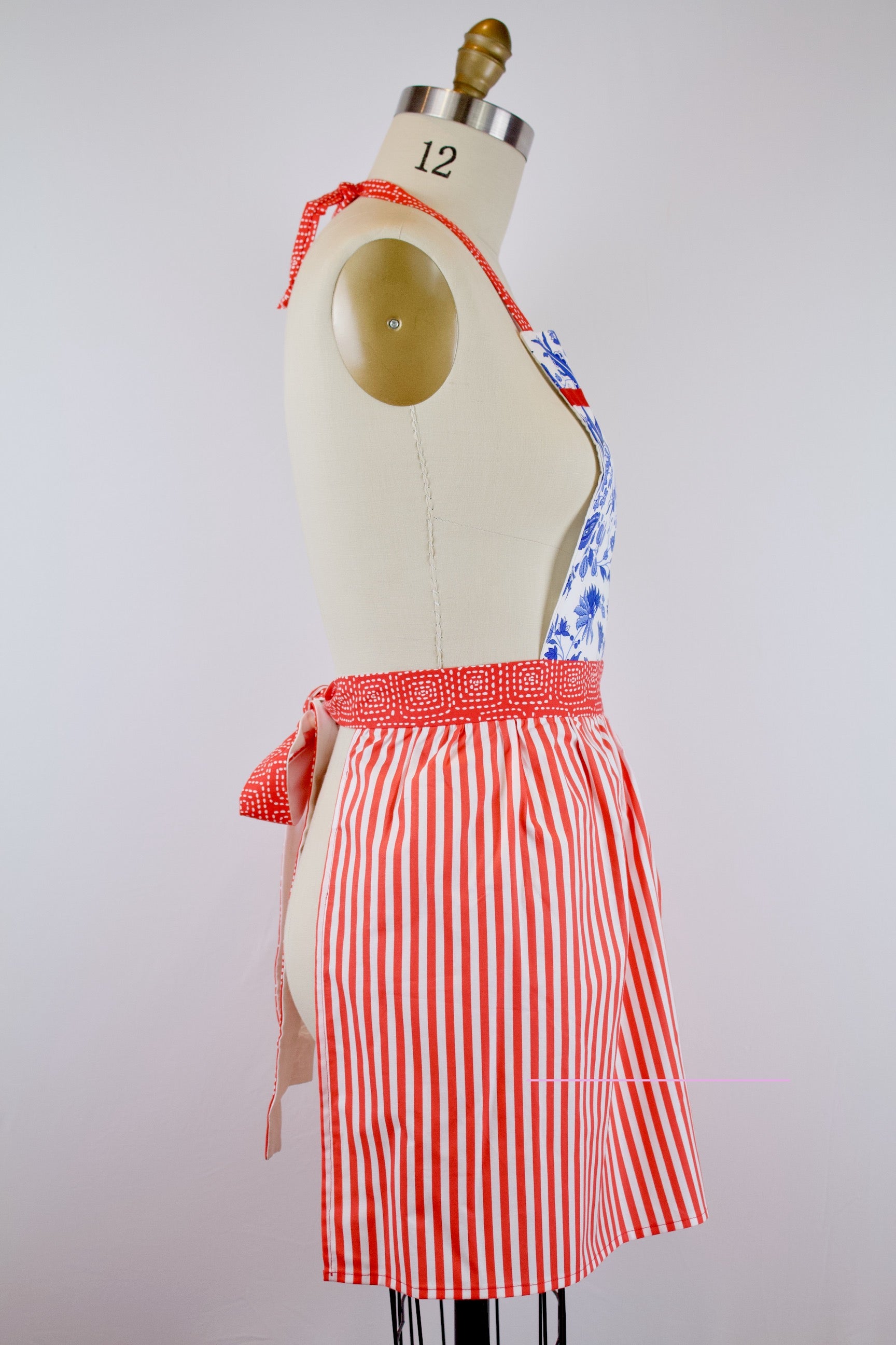Revolution Vintage Style Apron-The Blue Peony-Age Group_Adult,Apron Style_Vintage Feminine,Category_Apron,Color_Blue,Color_Red,Department_Kitchen,Material_Cotton,Pattern_Floral,Pattern_Stripes,Theme_Summer