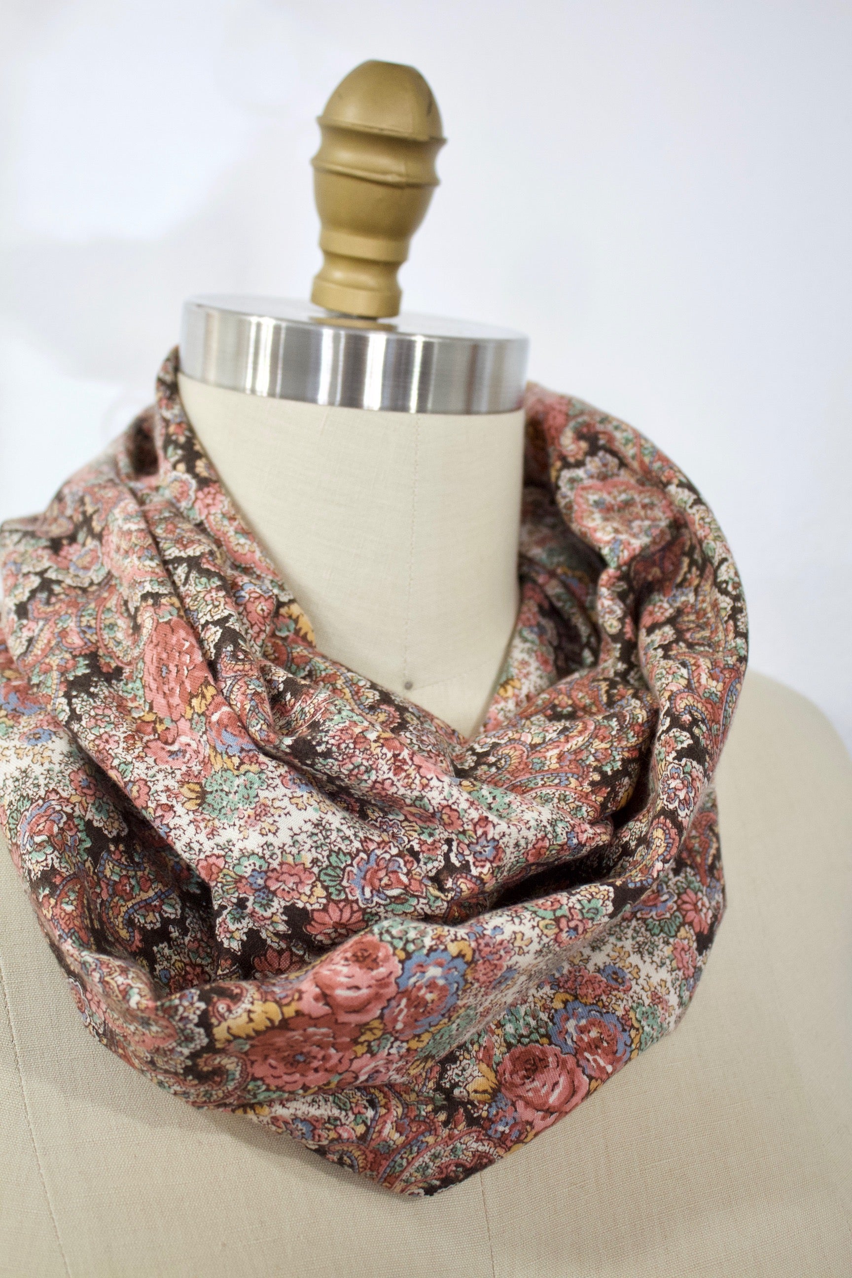 Rose Marie Infinity Scarf-The Blue Peony-Category_Infinity Scarf,Color_Brown,Color_Cream,Color_Pink,Department_Personal Accessory,Material_Cotton,Pattern_Floral,Pattern_Paisley