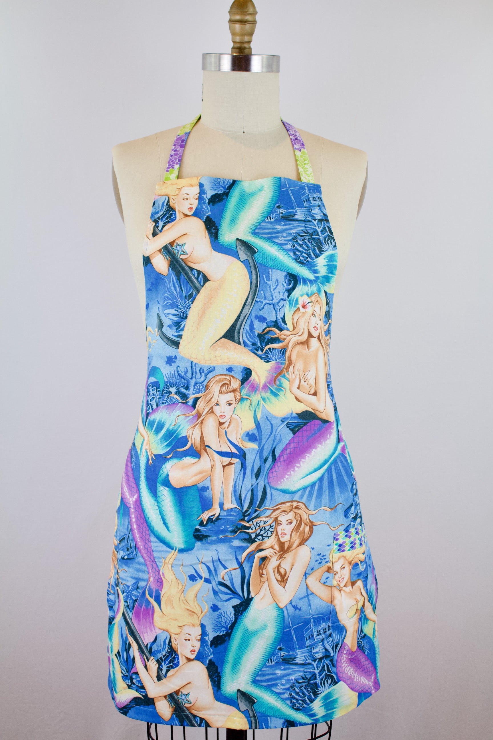 Sea Sirens Mermaid Apron-The Blue Peony-Age Group_Adult,Animal_Mermaid,Apron Style_Chef,Category_Apron,Color_Aqua,Color_Purple,Color_Teal,Department_Kitchen,Material_Cotton,Theme_Hunks,Theme_Summer,Theme_Tropical,Theme_Water Life