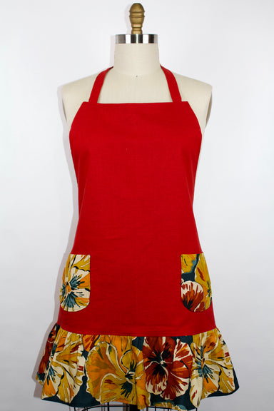 Seasonal Color Ruffle Apron-The Blue Peony-Age Group_Adult,Apron Style_Full Coverage Ruffle,Category_Apron,Color_Gold,Color_Maroon,Color_Red,Department_Kitchen,Material_Cotton,Pattern_Floral,Theme_Fall,Theme_Thanksgiving