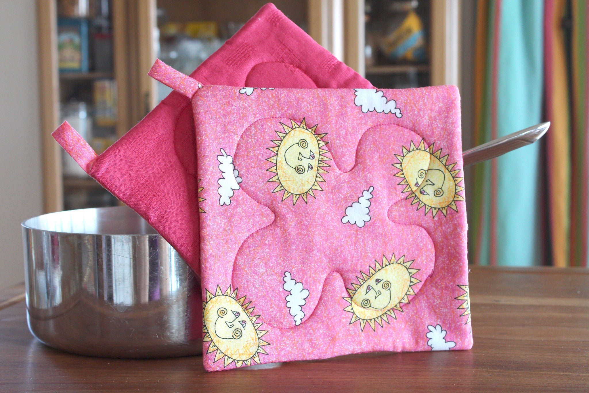 Share a Little Sunshine Potholder-The Blue Peony-Category_Pot Holder,Color_Pink,Color_Yellow,Department_Kitchen,Size_Traditional (Square),Theme_Summer