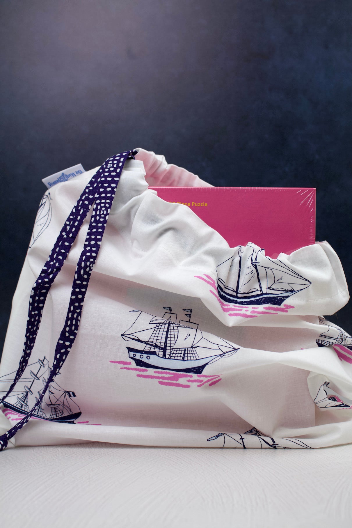 Ship's Ahoy Drawstring Travel Bag-The Blue Peony-Category_Drawstring Bag,Color_Blue,Color_Pink,Color_White,Department_Personal Accessory,Theme_Water Life