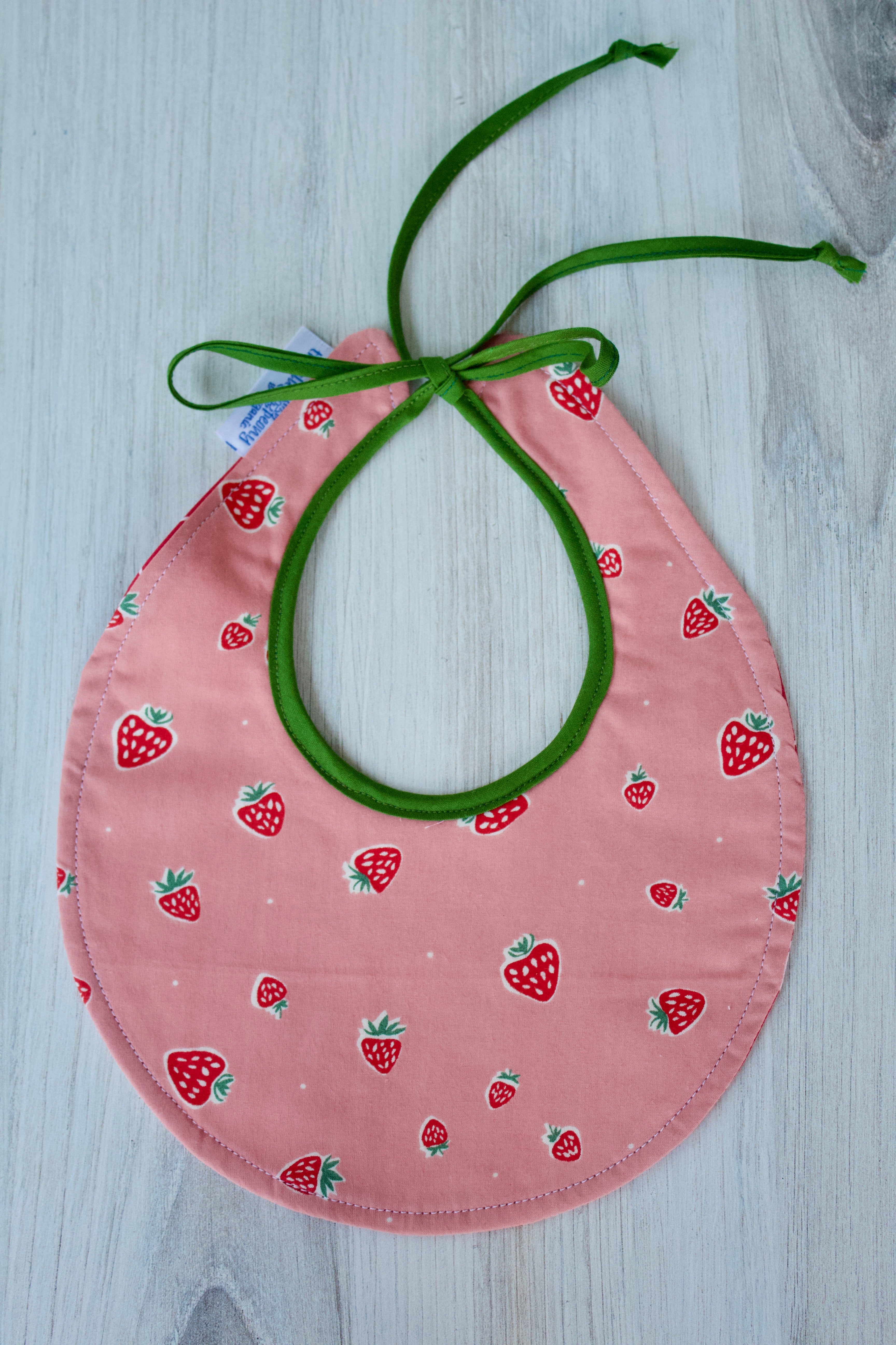 Strawberry (Pink) Bib-The Blue Peony-Category_Bib,Color_Pink,Color_Red,Department_Organic Baby,Material_Organic Cotton,Theme_Food,Theme_Woodland