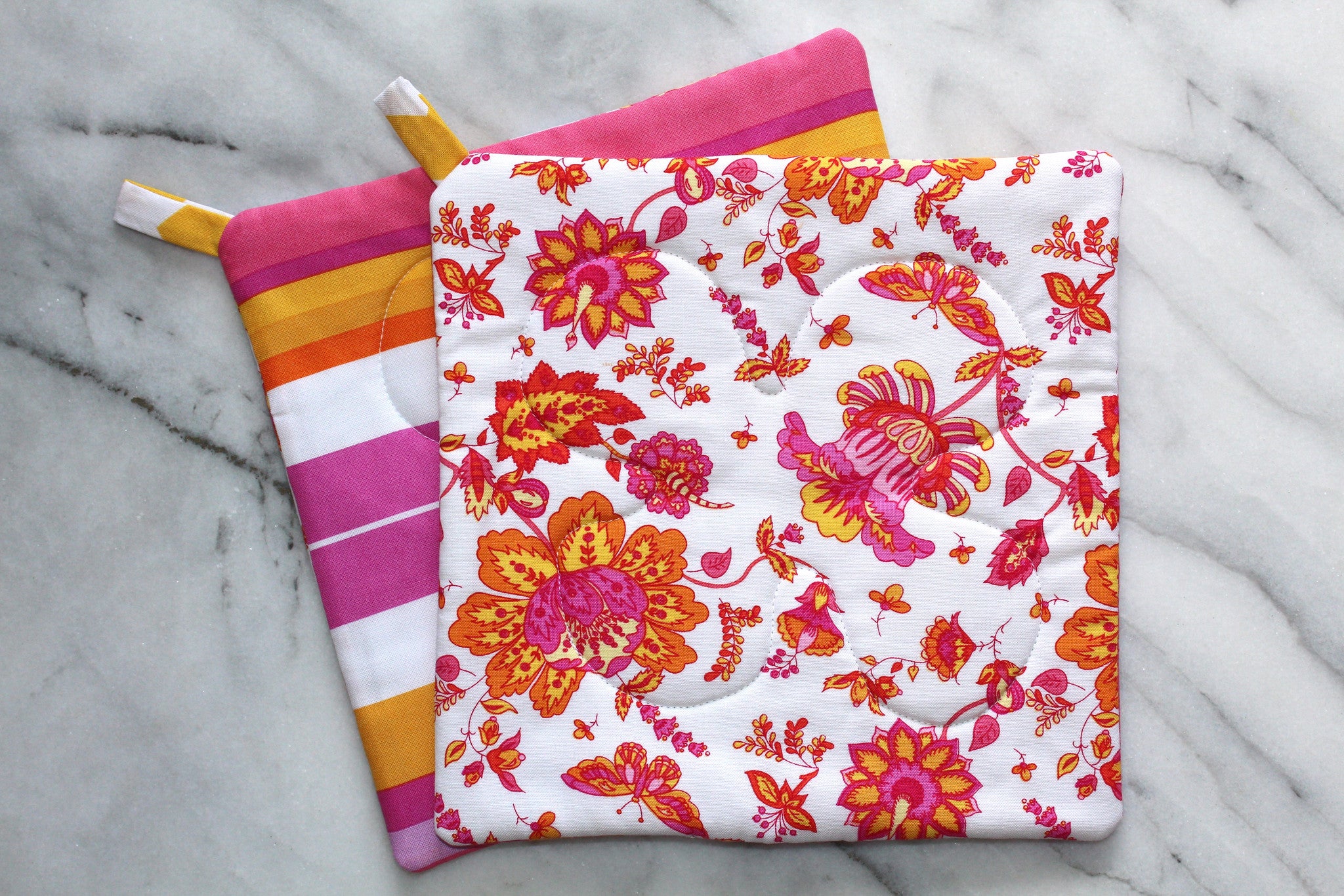 Summer Soiree Potholder - Jacobian Flower-The Blue Peony-Category_Pot Holder,Color_Orange,Color_Pink,Color_Yellow,Department_Kitchen,Pattern_Floral,Pattern_Graphic,Pattern_Stripes,Size_Traditional (Square),Theme_Summer