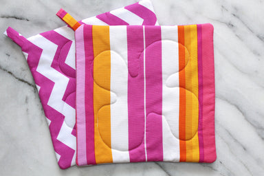 Summer Soiree Potholder - Pink Chevron-The Blue Peony-Category_Pot Holder,Color_Orange,Color_Pink,Color_Yellow,Department_Kitchen,Pattern_Graphic,Pattern_Stripes,Size_Traditional (Square),Theme_Summer