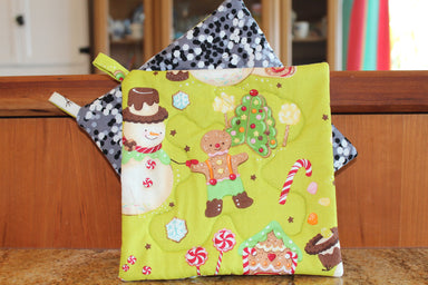 Sweet Gingerbread Dreams Potholder-The Blue Peony-Category_Pot Holder,Color_Black,Color_Lime Green,Color_Pink,Department_Kitchen,Size_Traditional (Square),Theme_Christmas,Theme_Food