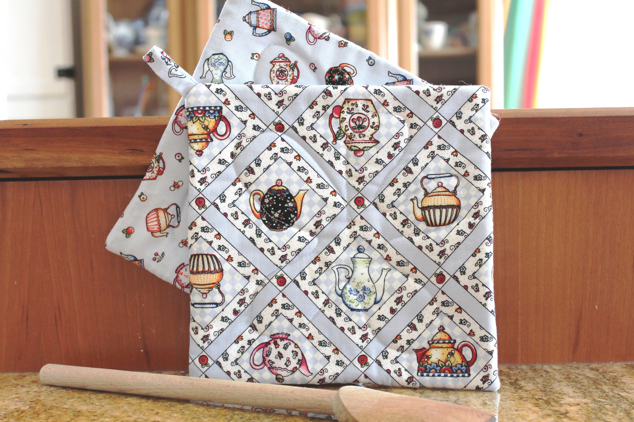 Tea Time Potholder-The Blue Peony-Category_Pot Holder,Color_Blue,Department_Kitchen,Size_Traditional (Square),Theme_Food