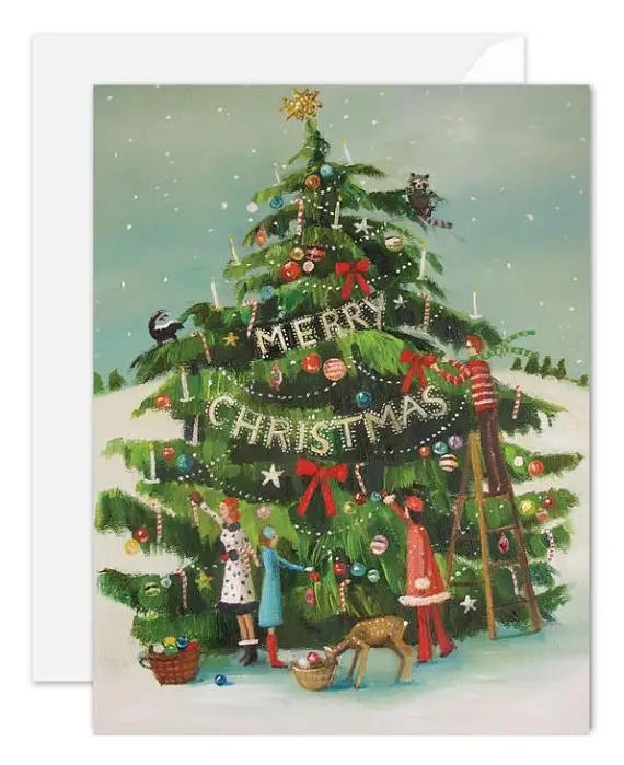 The Peppermint Family Trims the Tree Christmas Card Boxed Set-Janet Hill Studio-Art_Art Print,Category_Boxed Set of Cards,Category_Card,Theme_Christmas