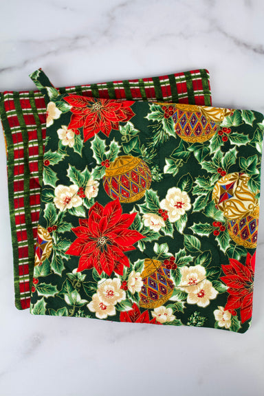 Tis the Season Potholder-The Blue Peony-Category_Pot Holder,Color_Gold,Color_Green,Color_Maroon,Color_Red,Department_Kitchen,Pattern_Floral,Size_Traditional (Square),Theme_Christmas,Theme_Winter