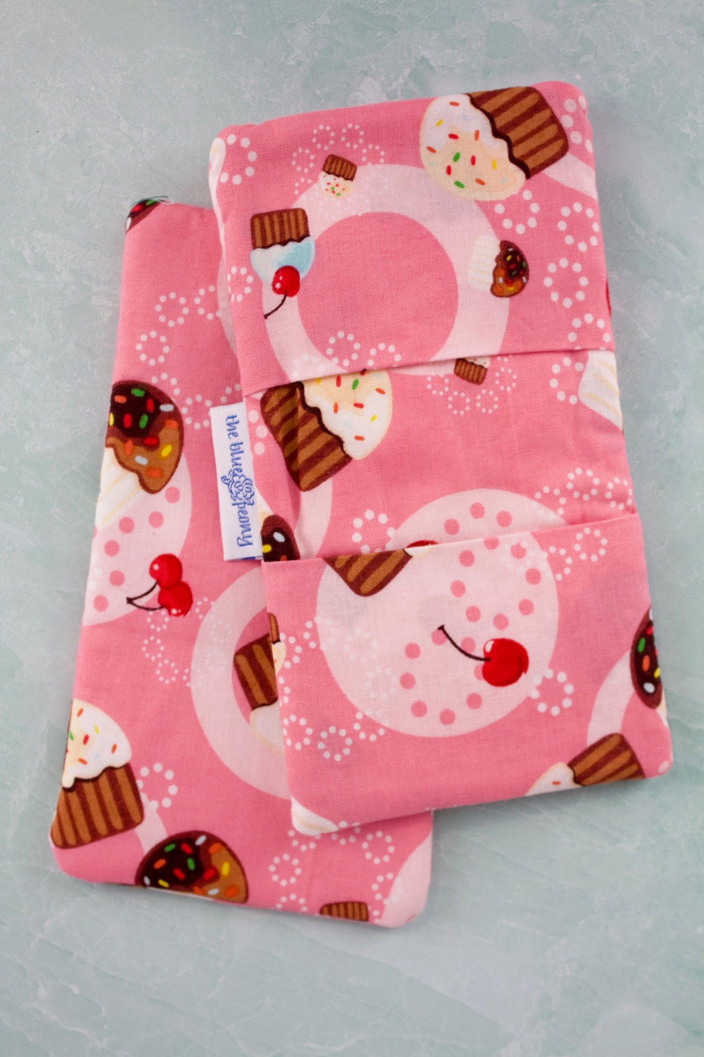 Cherry Cupcake Mini Potholders-The Blue Peony-Category_Pot Holder,Color_Pink,Color_Red,Department_Kitchen,Pattern_Polka Dot,Size_Mini (Rectangle),Theme_Food