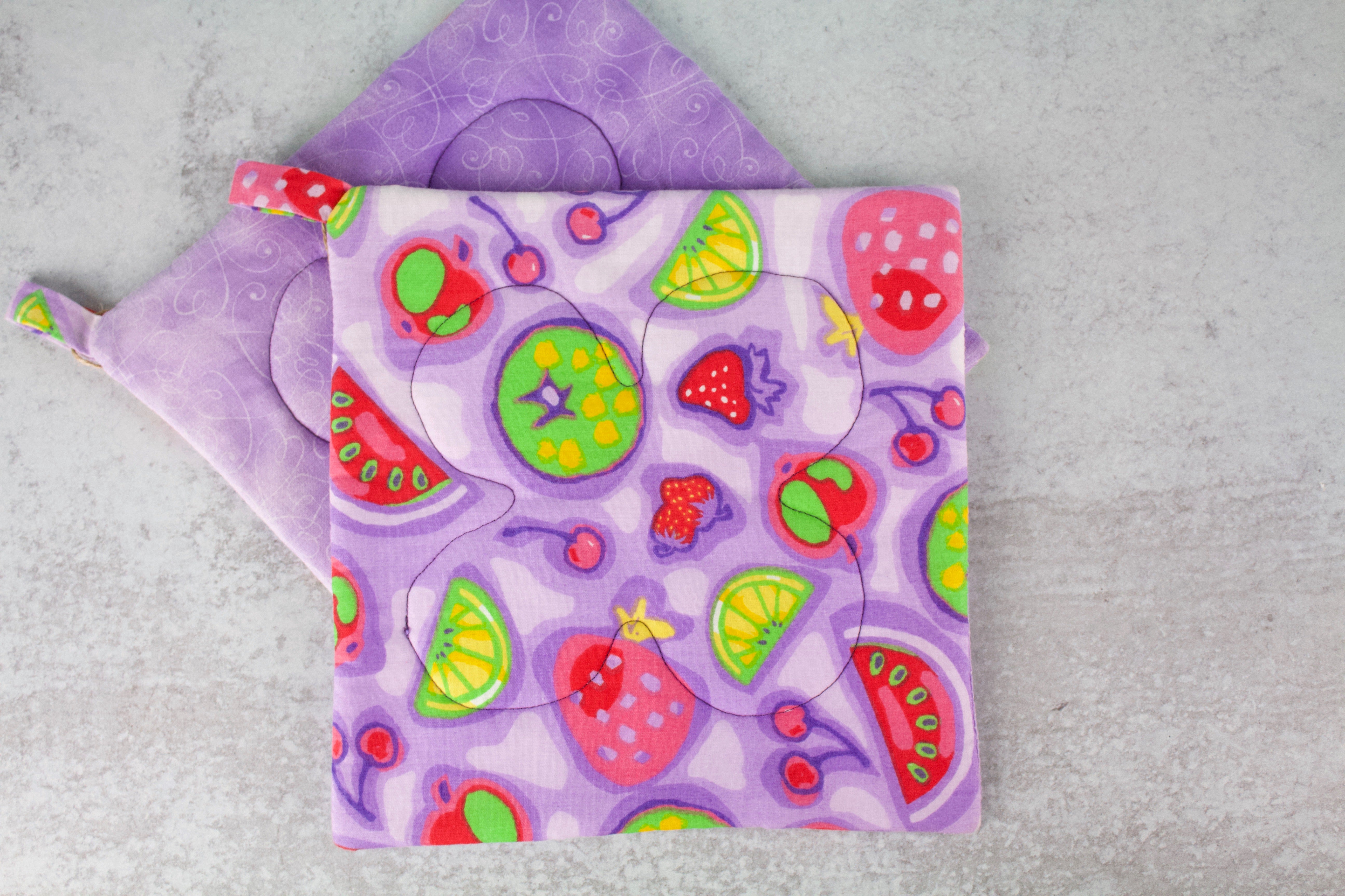 Fruit Salad Potholder-The Blue Peony-Category_Pot Holder,Color_Lime Green,Color_Pink,Color_Purple,Department_Kitchen,Size_Traditional (Square),Theme_Food