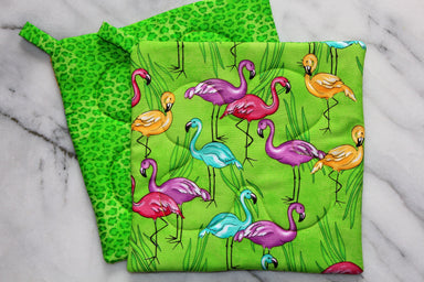 Neon Flamingo Potholder-The Blue Peony-Animal_Flamingo,Category_Pot Holder,Color_Lime Green,Department_Kitchen,Pattern_Animal Print,Size_Traditional (Square),Theme_Animal,Theme_Tropical